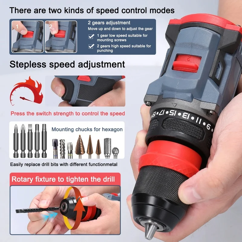 

16.8V 2-in-1 Lithium Drill and Electric Screwdriver, Multi-Function Power Tool with 45Nm Brushless Motor, Ideal for Home Use