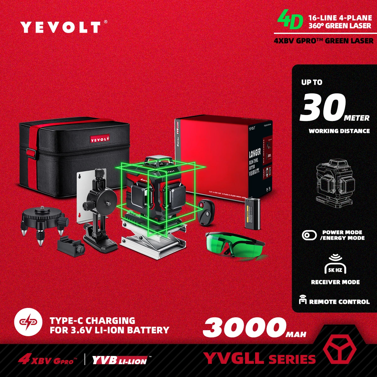 YEVOLT YVGLL4XS16B2P Series Green Laser Level 4-Plane 16-Line Self-leveling 360 3D Horizontal & Vertical Power Measuring Tools