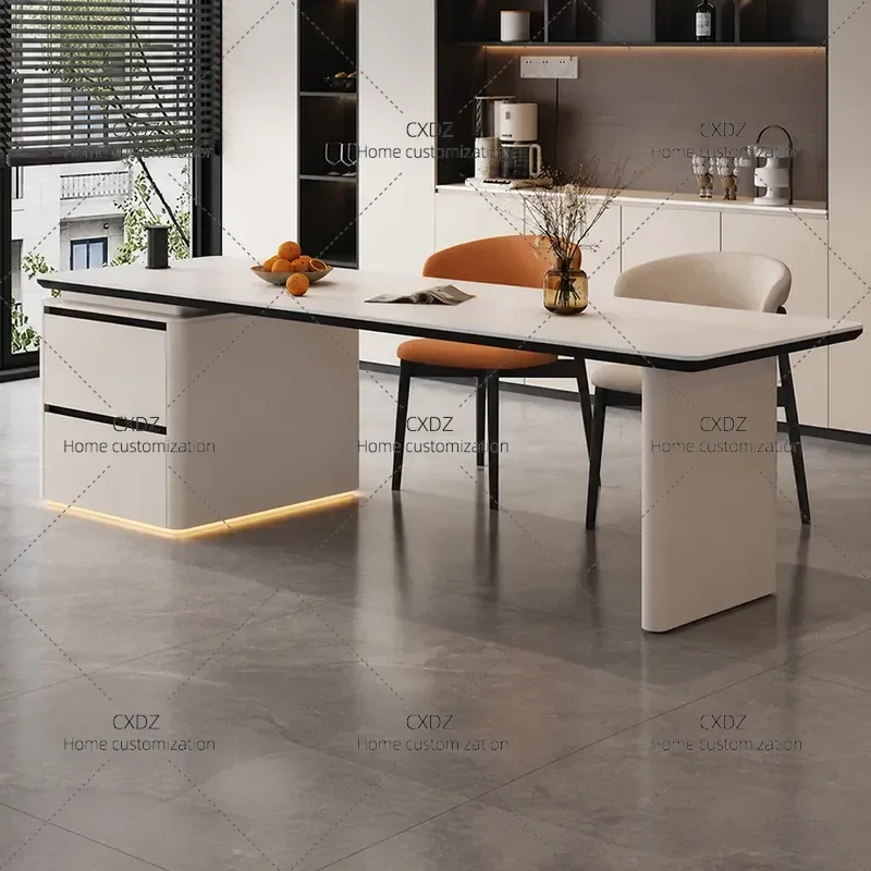 Cream Rock Slab Dining Table with Integrated Island Multi Functional Storage Heating Rectangular Modern Simple Style