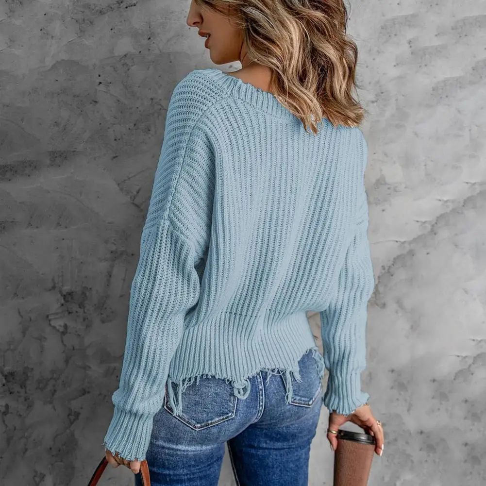 Cold Resistant  Fashion Distressed Ripped Tassel Sweater Jumper Warm Sweater Jumper V-Neck   Streetwear