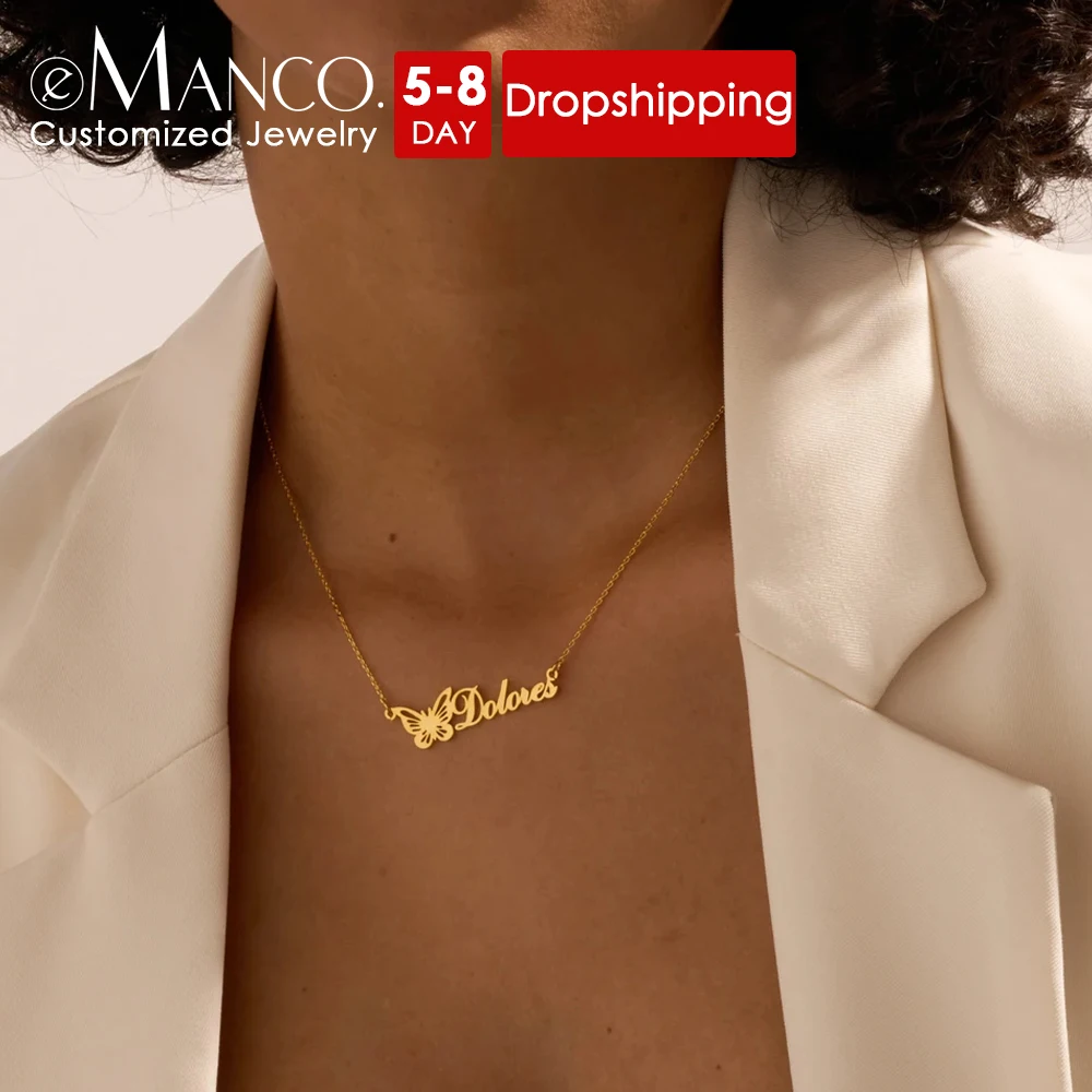 eManco Fashion New Customized Personalized Butterfly Name Necklace Stainless Steel Letter Pendant Women's Jewelry Wholesale