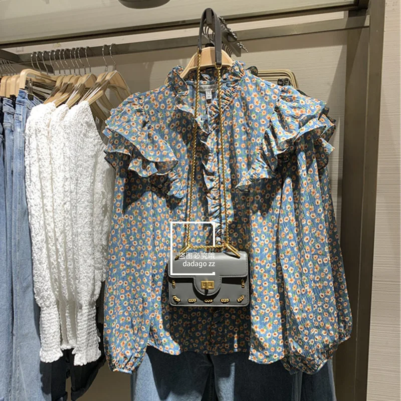 Women Blouses 2023 Spring/Summer Retro Floral V-neck Long Lantern Sleeve Ruffled Woman's Shirts Dropshipping Sale KSL77600