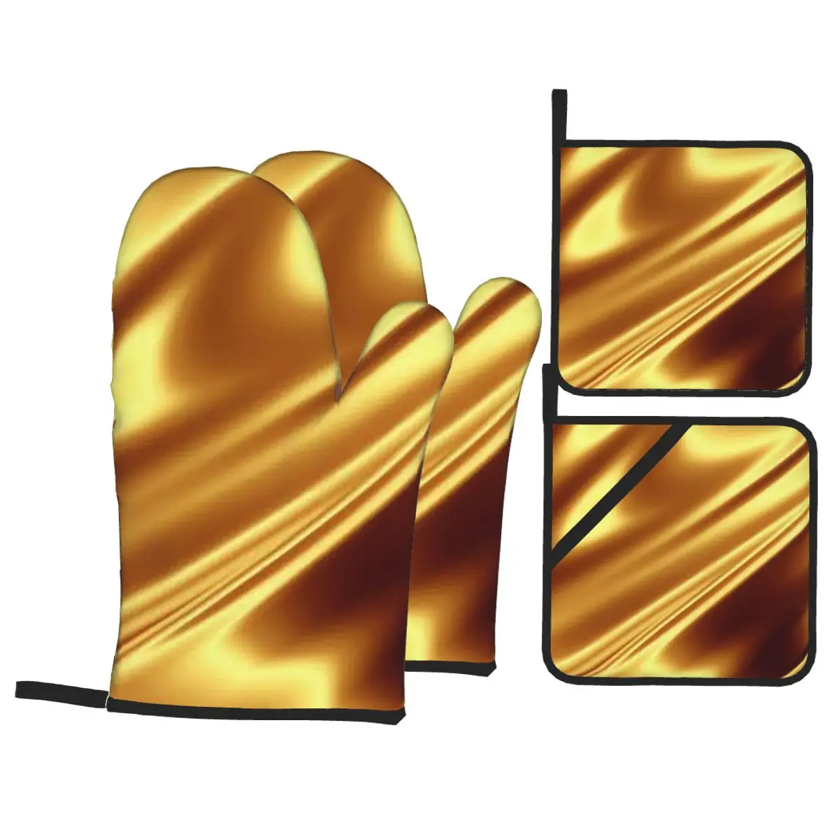 Golden Fabric Geometric Wave Pattern Oven Mitts and Pot Holder Sets of 4 for Baking Cooking BBQ Resistant Non-Slip Gloves