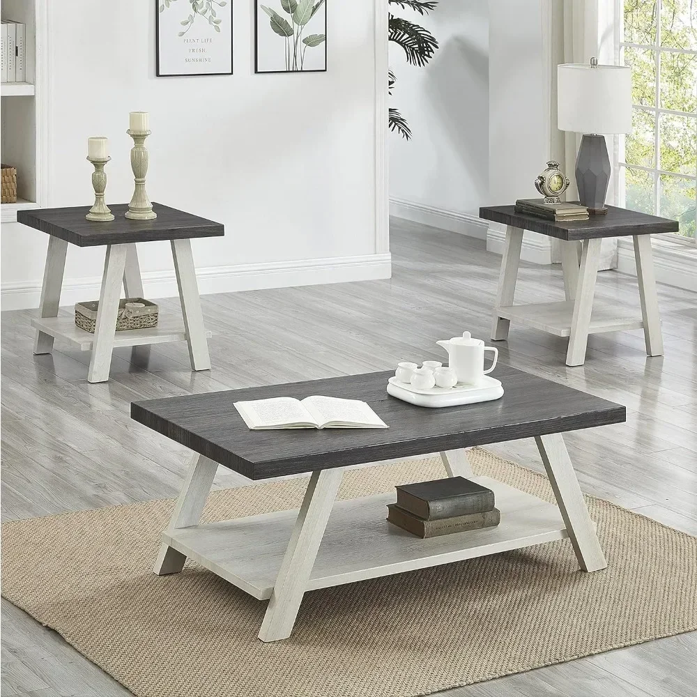 Ensemble de table basse 3 pièces, table basse contemporaine avec étagère en bois