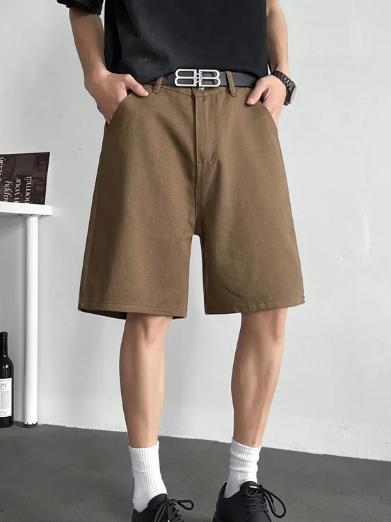 Washed Brown Denim Shorts Men's Summer Loose Straight High Waist Slimming American Retro Heavyweight INS Five-Quarter Pants