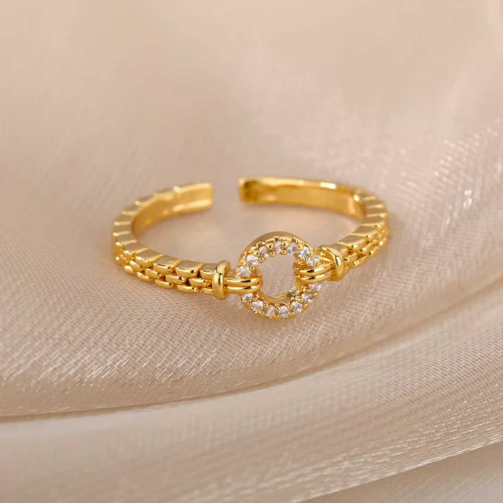 Anillos Gold Farbe Zirkonia Chic Ringe Für Frauen 2025, Punk Elegante Hochzeit Party Ästhetischen Edelstahl Ring Schmuck