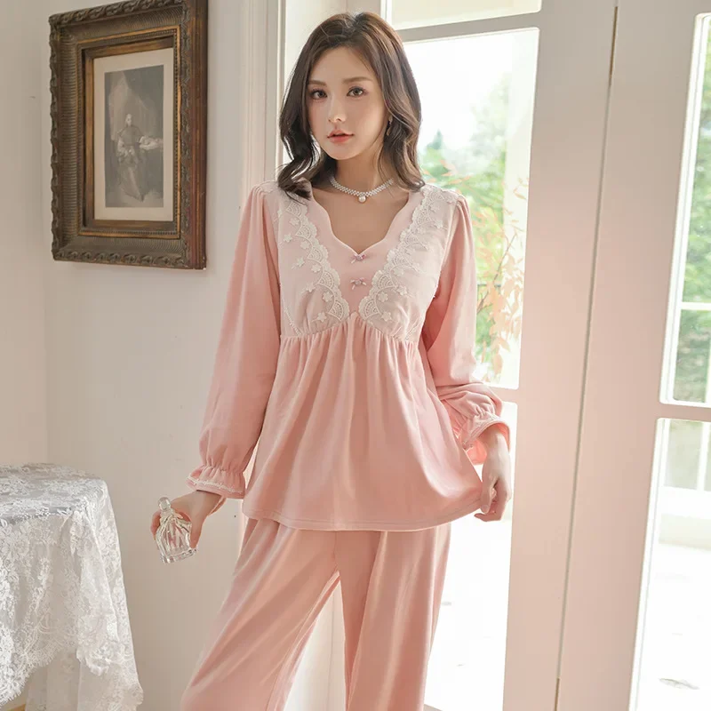 Sweet Cute Pajamas Set Women's Long-sleeved Sleepwear Court Style Girl Homewear Nightdress Lace  Casual Pijamas