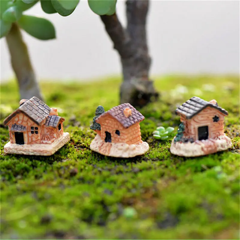 3pc Mini Small House Cottages DIY Toys Crafts Figure Moss Terrarium Fairy Garden Ornament Landscape Decor Random Color Dollhouse