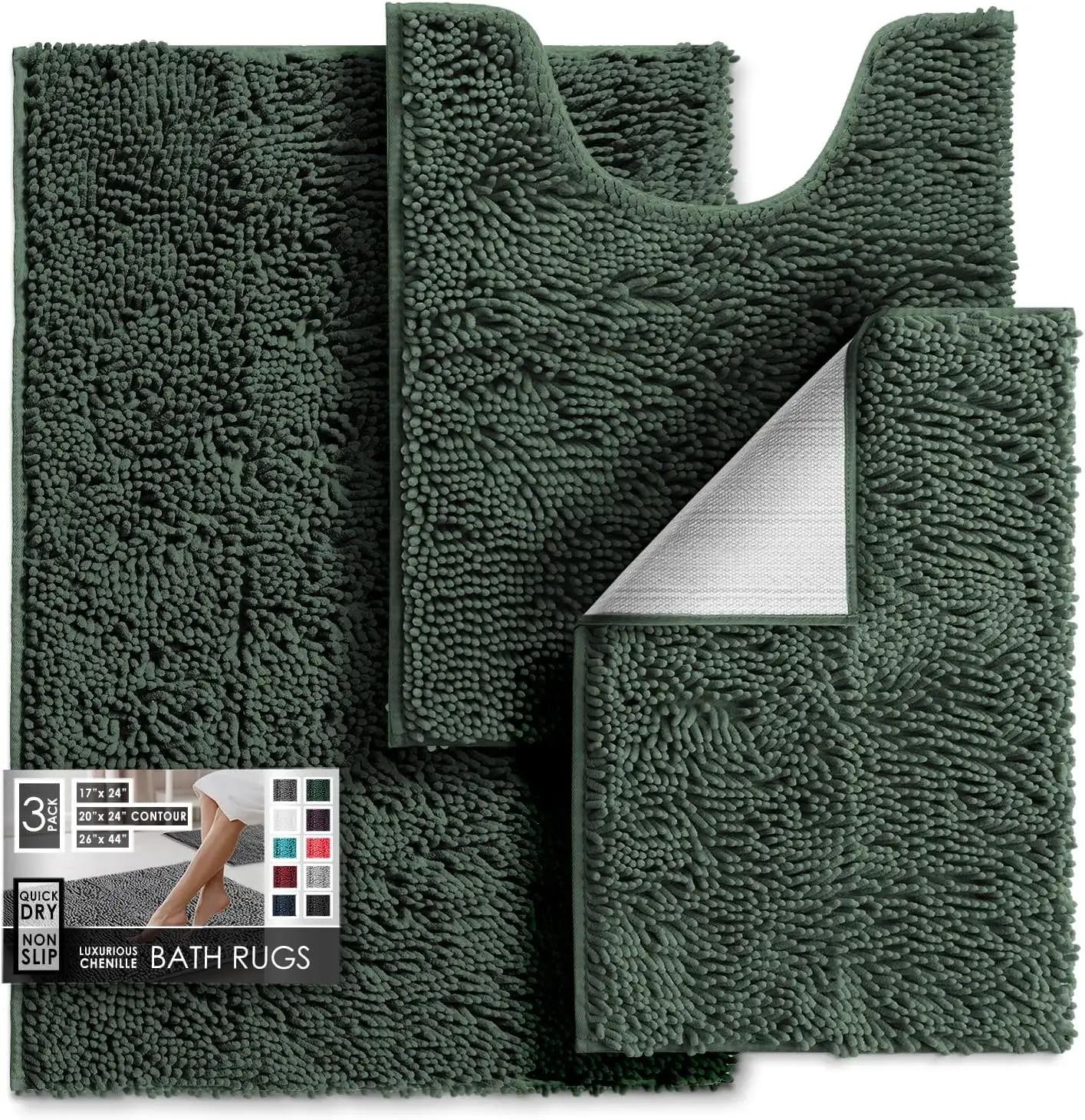 

Коврик для ванной из шенилла с нескользящей основой, быстросохнущий, машинная стирка, цвет охотничий зеленый, размеры 17x24-26x44-20x24