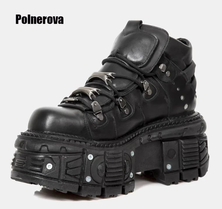 Retro gruba podeszwa metalowa wysokie topy buty damskie skórzane buty ciemne punkowe spód muffina w stylu ulicznym pojedyncze buty dla pań