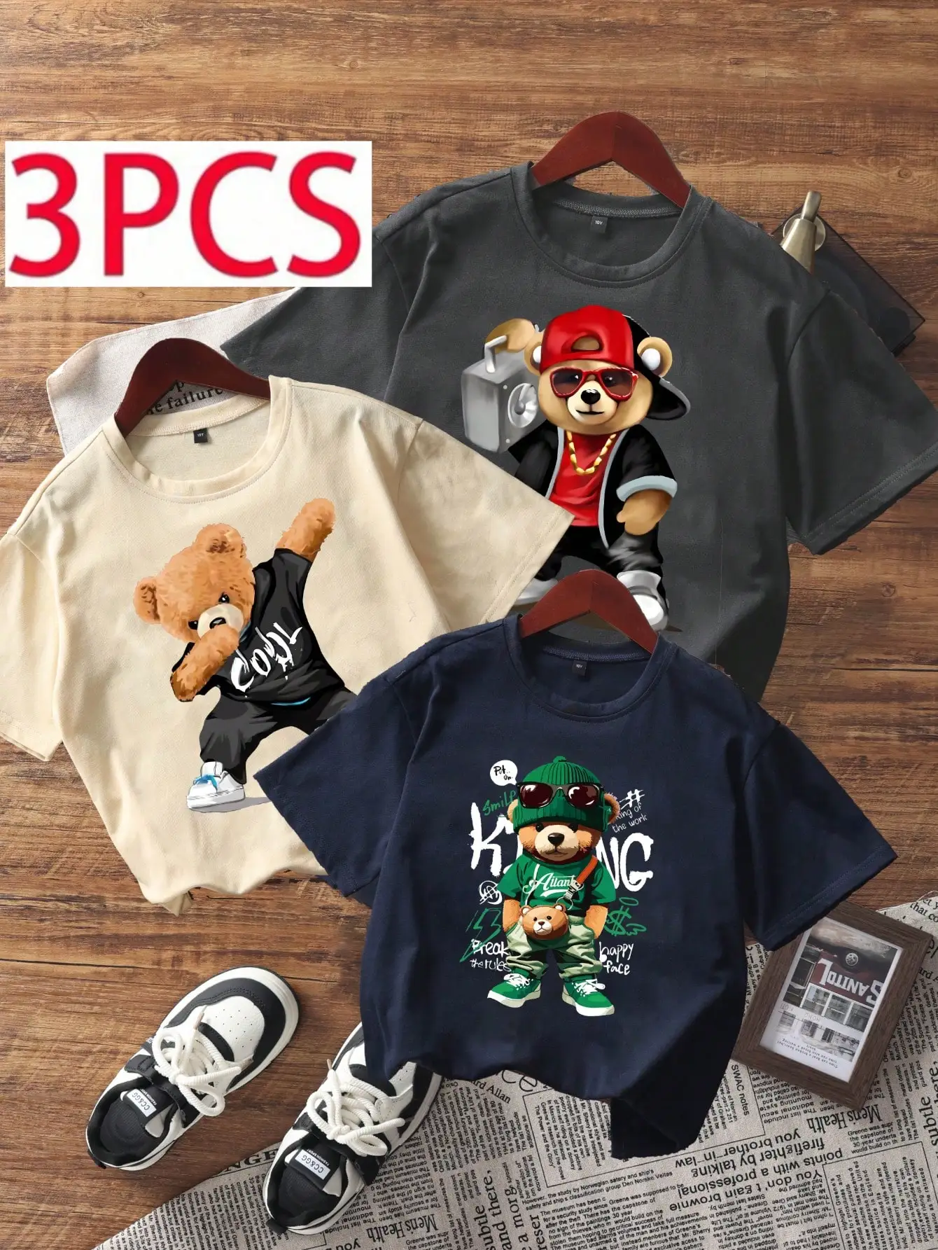 

3pcs Kids Graphic Tee Set - Street Style Bear Print Short Sleeve T-Shirts for Boys