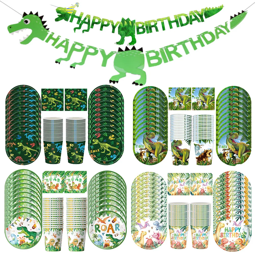 Ensemble de vaisselle pour fête d'anniversaire sur le thème des dinosaures, assiettes, gobelets, serviettes, décorations pour fête d'anniversaire sur le thème des dinosaures pour enfants, garçons,
