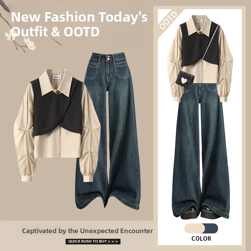 

Fall Faion College Sle Women's Two-Piece Set with Denim Jeans Youthful Ensemble Casual Chic Polyester Fiber Top And Bot