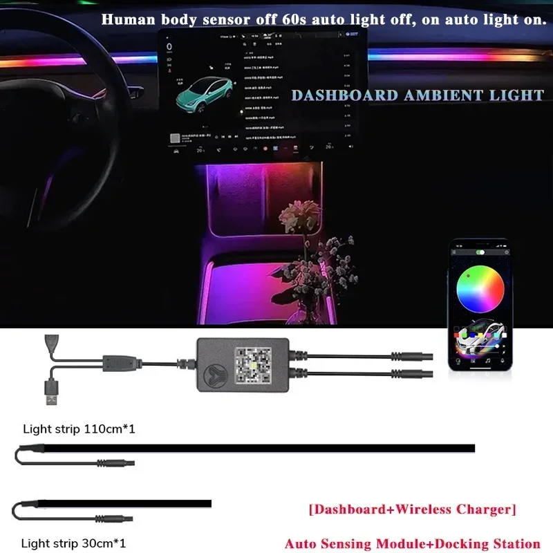 Voor Tesla Model 3/Y 2 IN 1 Dynamische Neon RGB Auto LED Sfeerverlichting 60 s Automatische UIT Module Dashboard Verlichting Decoratieve Lamp