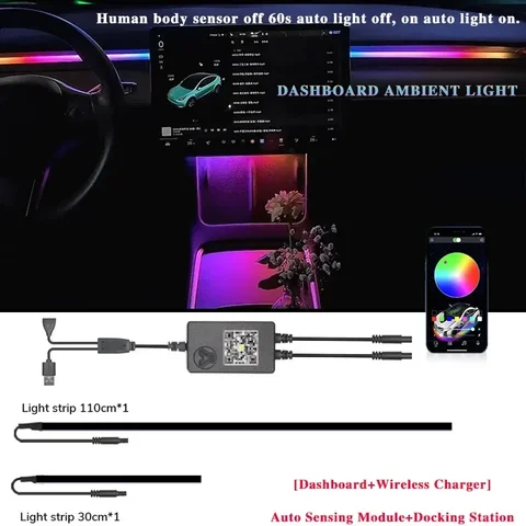 Для Tesla Model 3/Y 2 в 1, динамическое неоновое RGB автомобильное светодиодное окружающее освещение, 60 s, модуль автоматического выключения, освещение приборной панели, декоративная лампа