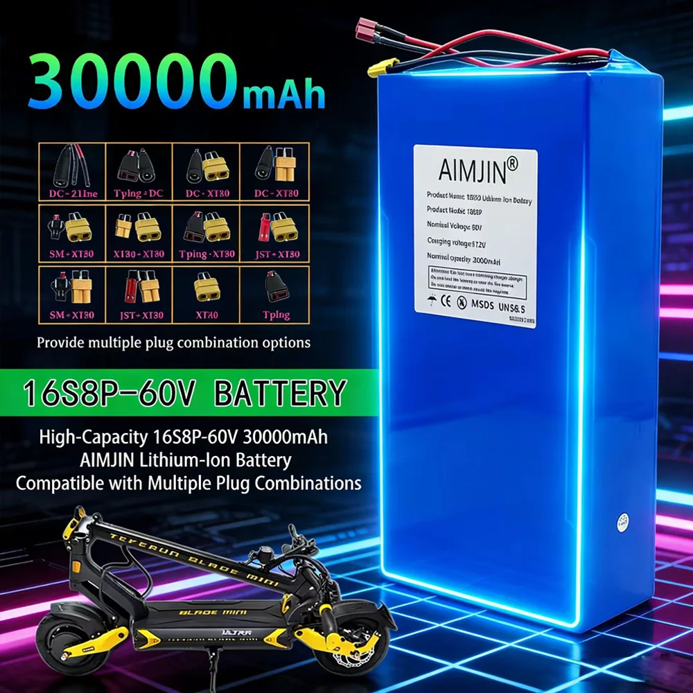 16S8p Brand new upgrade lithium battery pack 60V 30Ah 18650 high power 1000-3000W suitable for various transport vehicles