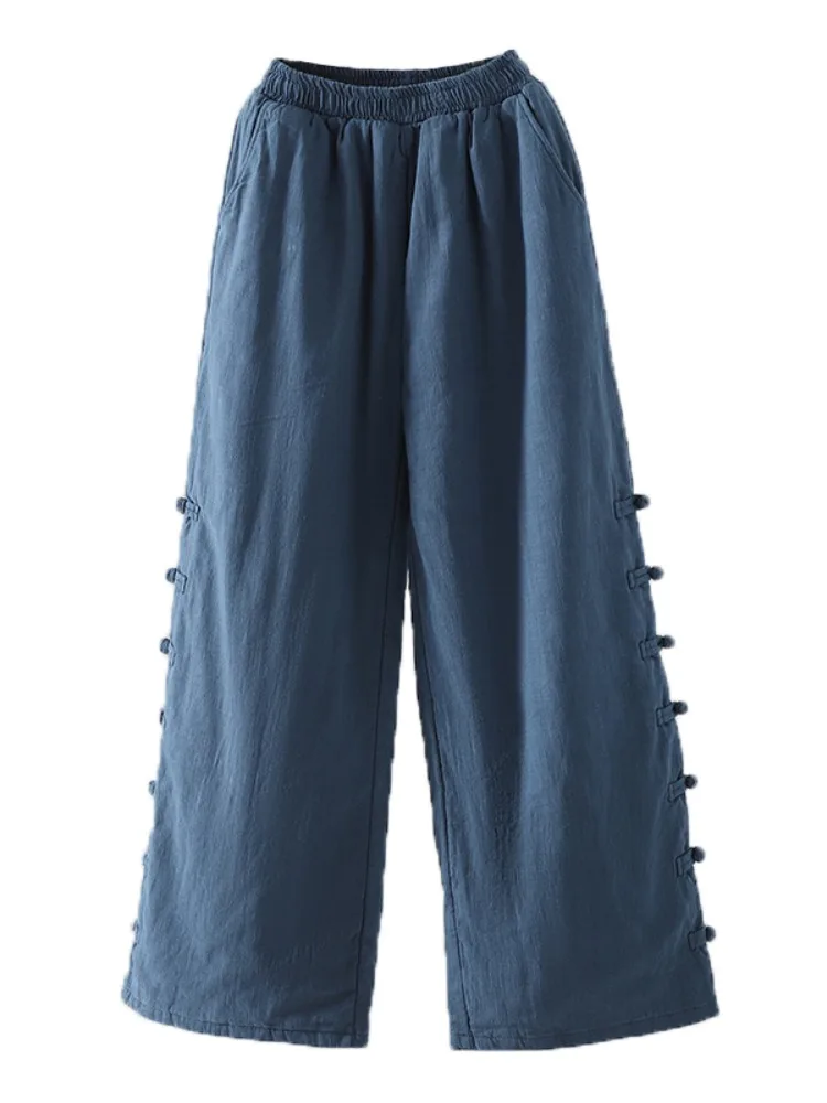 Thiened 리넨 코튼 팬츠 여성용 겨울 캐주얼 스트레이트 레그 따뜻한 스포츠웨어 아우터웨어 하이 웨이스트 롱 트라우저