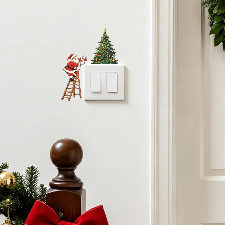 Weihnachtsmann klettert die Treppe hinauf Weihnachtsbaum Schalteraufkleber Raumdekoration Wandbild Neujahrs-Steckdosendekor Selbstklebende Wandaufkleber – Detail 3