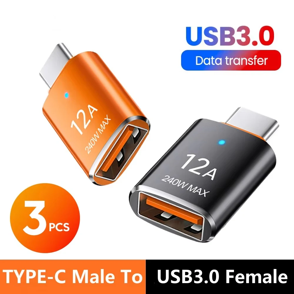 Adaptador OTG USB 3.0 para Tipo C com LED, USB Fêmea para Tipo C Macho, Conector de Carregamento Rápido para Huawei, Xiaomi, Samsung, PC