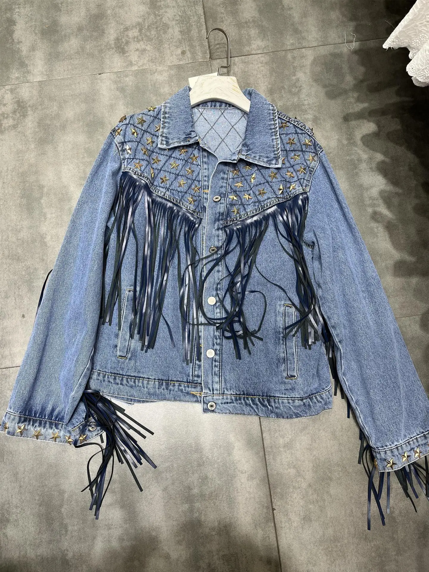 Denim Jacketwomen's Stylewomen's New 2022 Autumn New Street Punk Rock Heavy Industry Fashion Star Personality Beaded Tassel Deni