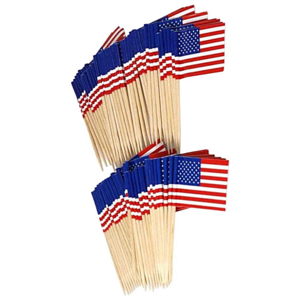 200 Pcs American Flag Cake Paper Cup Decorative Food Picks Fruit Dessert Topper Decors Cocktail Toothpicks Wood