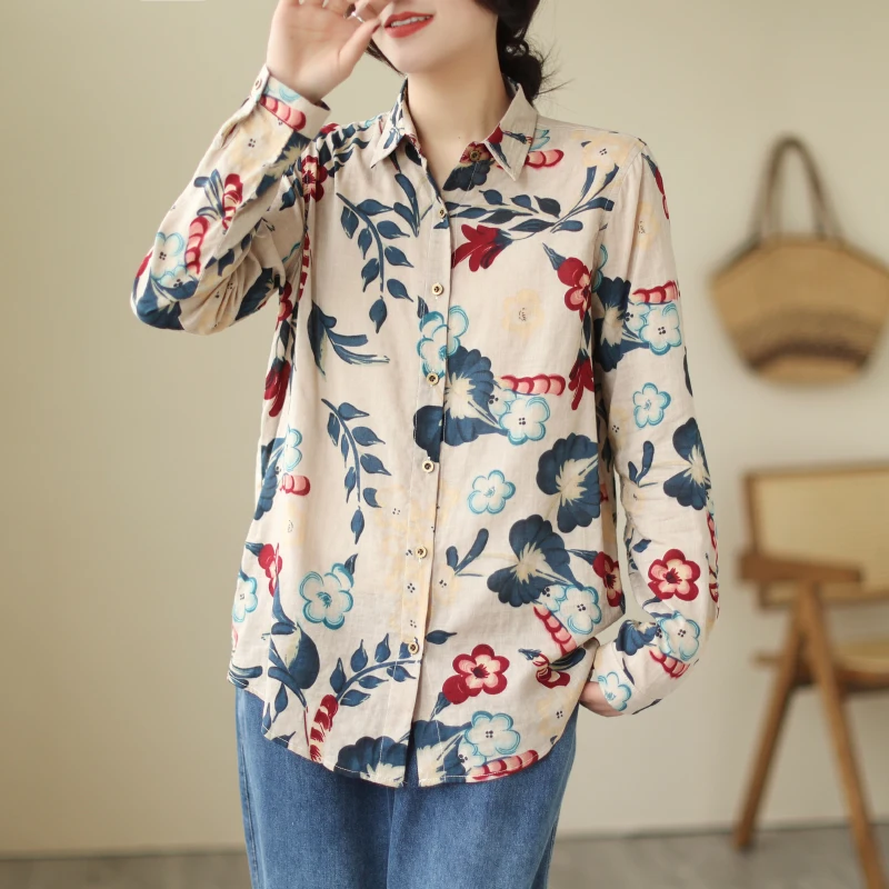 M-4XL Streetwear Spring Summer Vintage Print Cotton Linen Blouse Shirt Ladies Women Casual Loose Blouses Elegant Tops Blusas