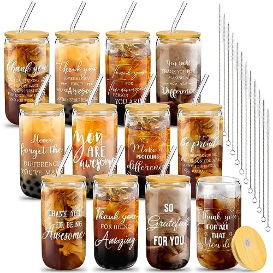 

Набор из 12 подарочных стаканов для сотрудников: стеклянные кружки для поощрения персонала, 16 унций, в форме банки, с крышками