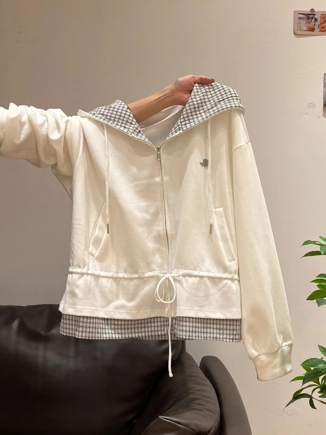 كارديجان نسائي فضفاض بأكمام طويلة ونقشة مربعات مع غطاء للرأس ورباط خيطي، أزياء كورية عصرية للخريف