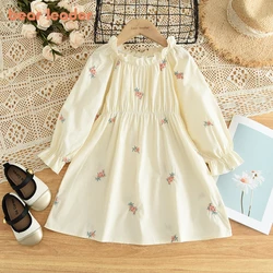 Bear Leader Girls Beige Clothing Flower Pleated Lace Dress 100% Cotton Autumn Long Sleeved Waist Cinched Princess Dresses