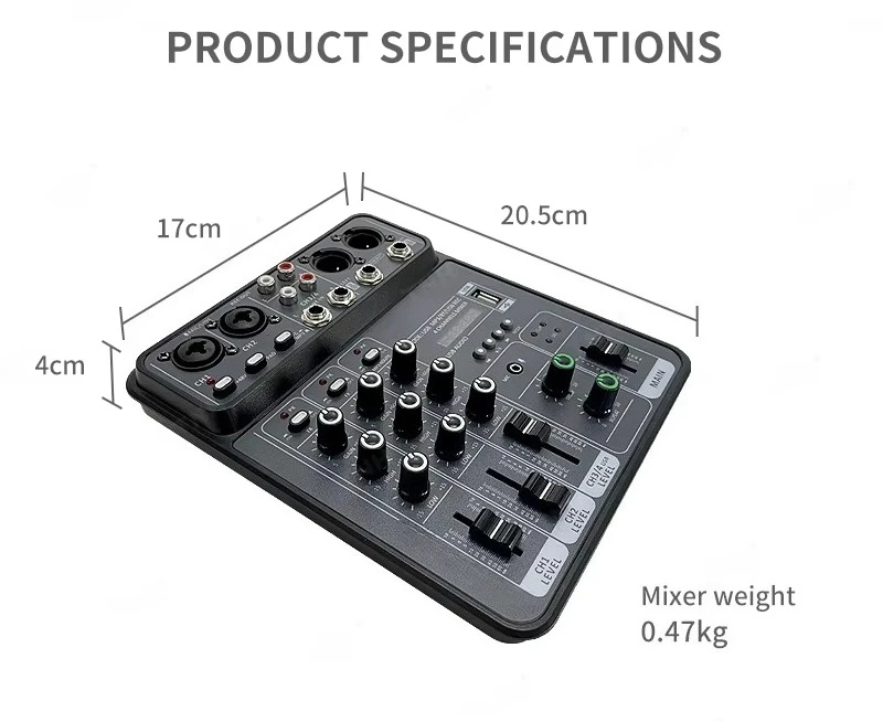 Mini mixer with USB port, stereo, material, metal, for computer recording of podcast guitar instruments
