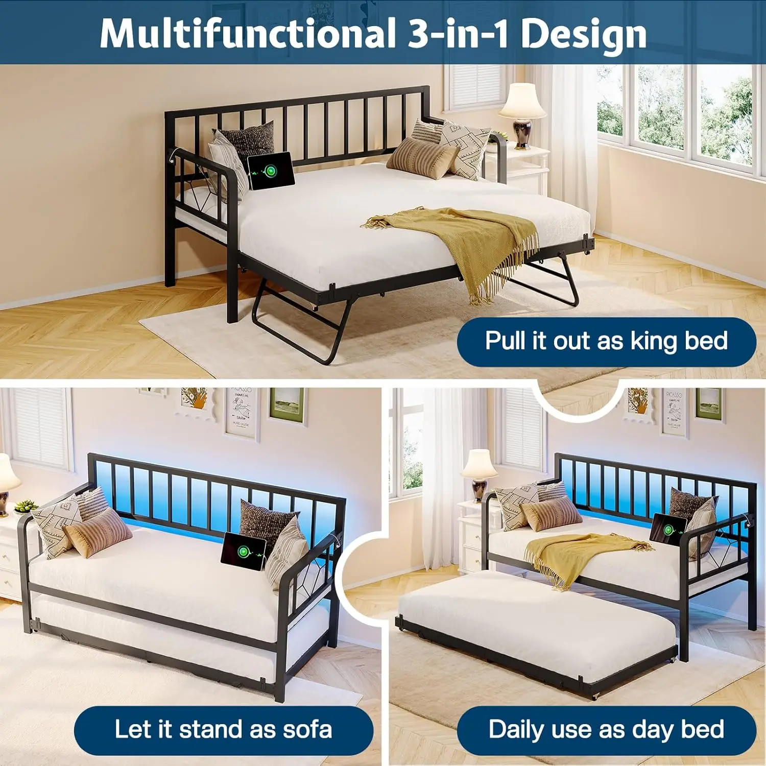 XMSJ * سرير نهاري مزدوج مع قاعدة شحن وأضواء LED، إطار سرير متعدد الاستخدامات مع دعم شرائح فولاذية، سرير نهاري مع دولاب، أسود