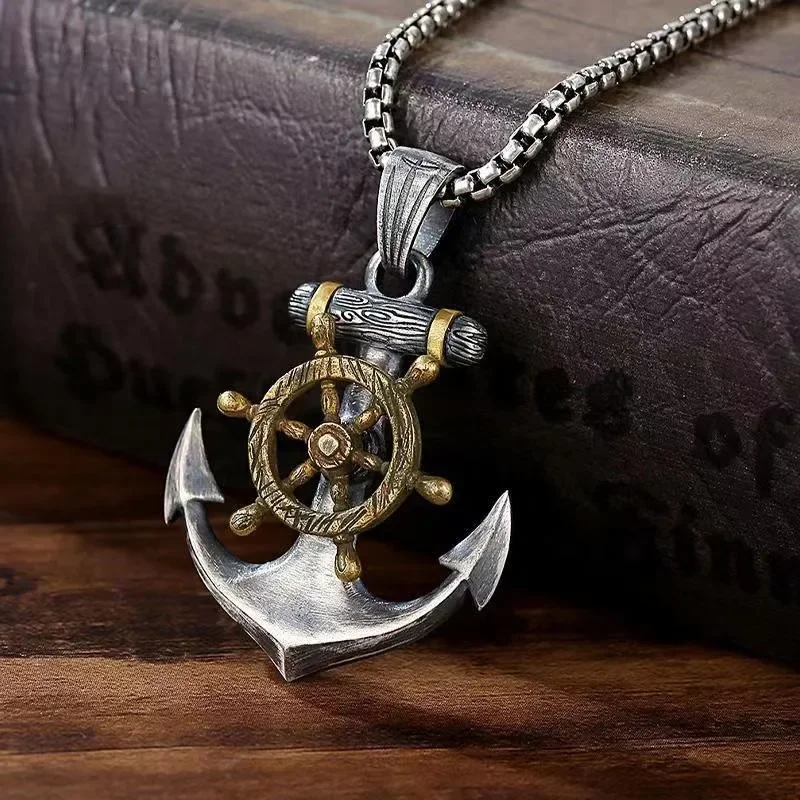 Vintage Pirates of The Caribbean Ship Anchor Pendant Punk Rotating Ship Rudder Necklace Men\'s Hip Hop Cool Trend Jewelry Gift