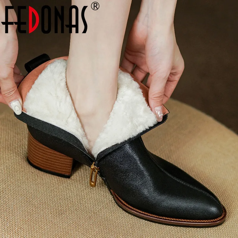 FEDONAS Vintage Concise Women Genuine Leather Ankle Boots Winter Warm Wool Dress Office Lady Pointed Toe Thick Heels Shoes Woman