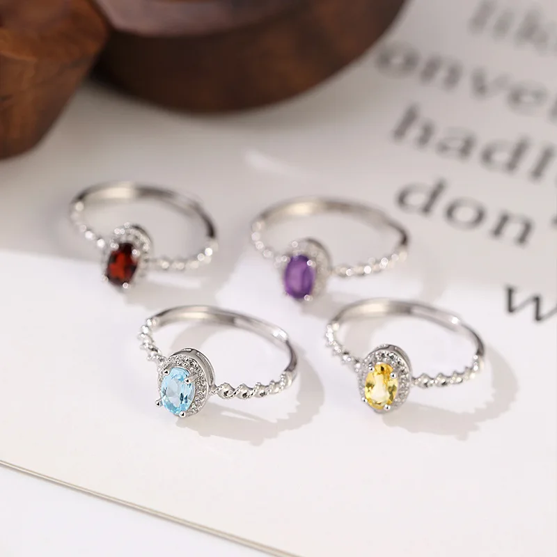 925 Sterling Silver Natural Topaz Citrine Garnet Amethyst Peridot Wedding Ring Resizable Size Ring for Women