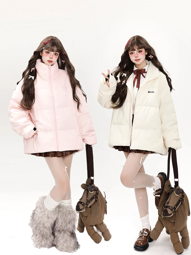 

Ele Stand Collar Lightweight down Jaet Women's Winter New Loose Versatile Cotton Outerwear Super Cute Sandwich Cotton Coat