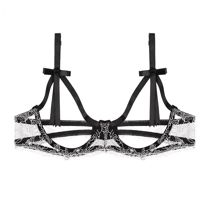 Leechee Lace Embroidered Erotic Lingerie Hollow Perspective Wire Bra Panties Sexy Bow Three-Point Underwear Set For Women