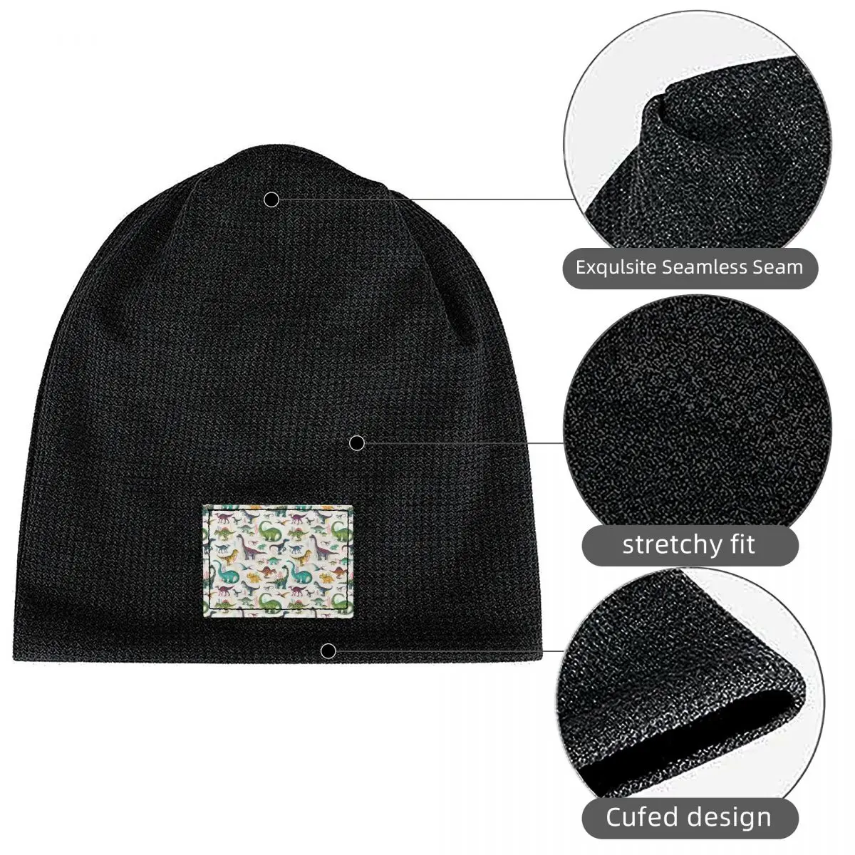 Bright Dinosaurs Waffle Knit Fleece Lined Beanie with PU Leather Patch Unisex Warm Winter Soft Cap