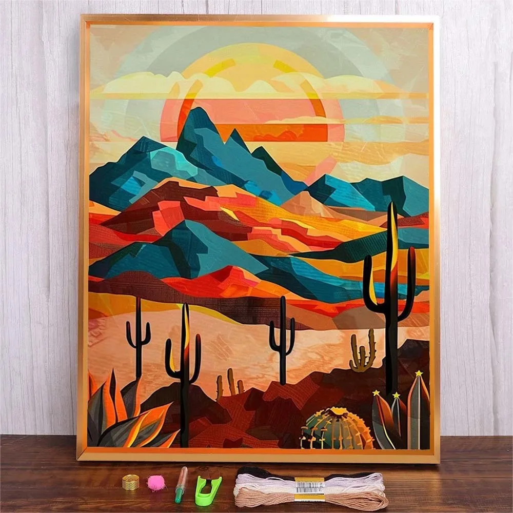 

Desert Cactus Patterns Cross Stitch 11CT DIY Cross Stitch Kits Sunset Landscape DMC Threads Embroidery Needlework Wall Decor