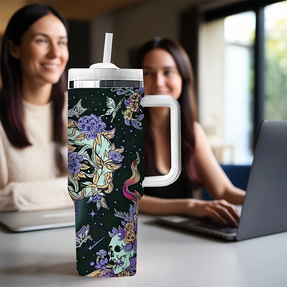 1ps Gothic Purple Butterfly Skull Moon Phase Floral Print Drinking Tumbler with Handle And Reusable Straw