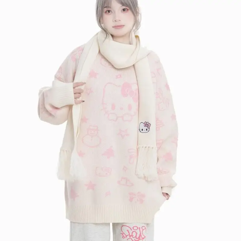 فتاة مرحبا كيتي سترة Kawaii أنيمي أزياء طالب عارضة جولة الرقبة الخريف والشتاء محبوك قميص البلوز قمم نمط جديد