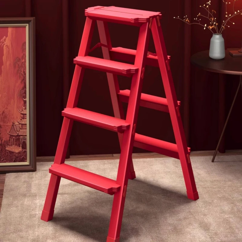 Escalera Plegable de Aleación de Aluminio, Escalera en Forma de A Roja, Taburete de 3 Peldaños para Interiores, Pedal Antideslizante, Estructura Triangular, Resistente al Desgaste, Estable