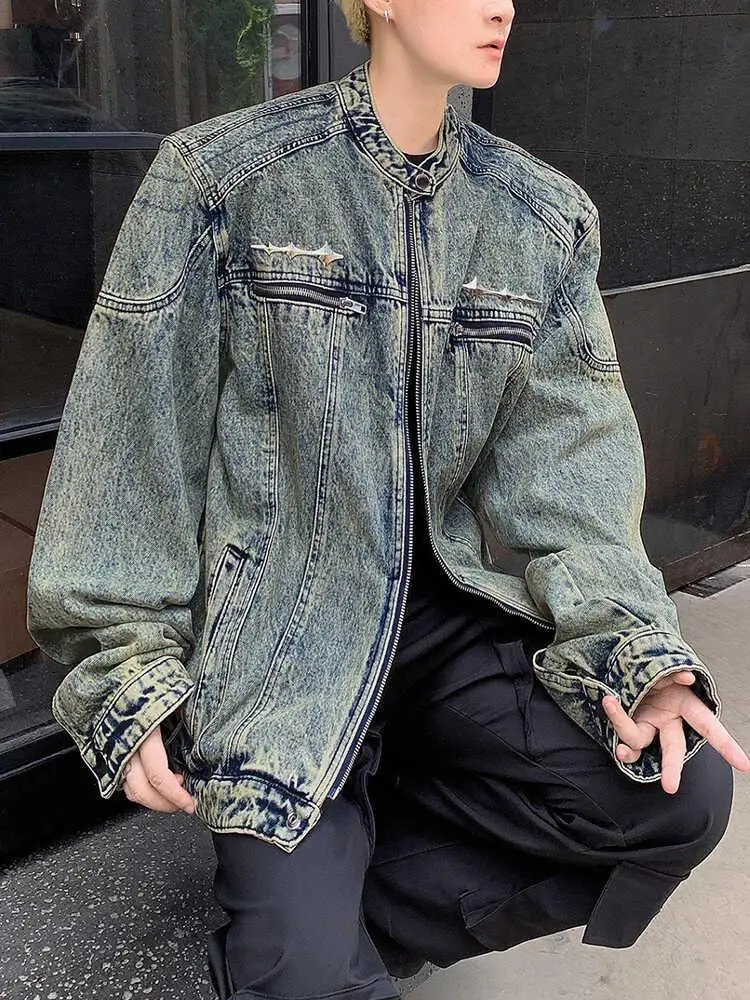

Vintage American Sle Loose Men's Denim Jaet Metal Design Trendy Jaet Autumn New Arrival Youth lar Windproof Outerwear