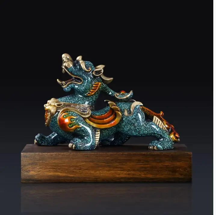 Company home Porch lobby thriving business Good luck Money PI XIU dragon color brass Sculpture ART best office Ornament