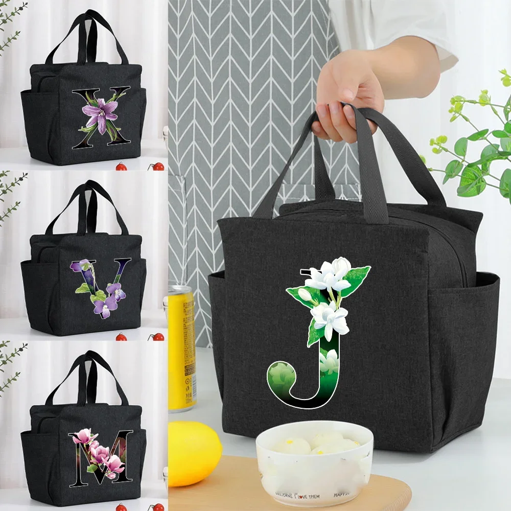 Portable Lunch Bag Thermal Insulated Lunch Box Cooler Bento Pouch Handbag Printing Flower Color Series for Outdoor Picnic