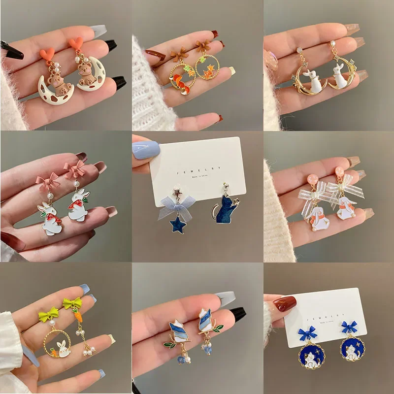 42 Style Colorful Enamel Cartoon Cute Rabbit Fox Drop Earrings Funny Cat Bear Long Tassel Dangle Earrings for Women Girls Gifts