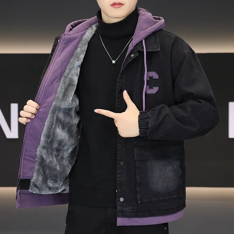 

Warm Fce Lined Thiened Hooded Denim Jaet Retro Hong Kong Sle Youth Faion Outerwear for Autumn And Winter