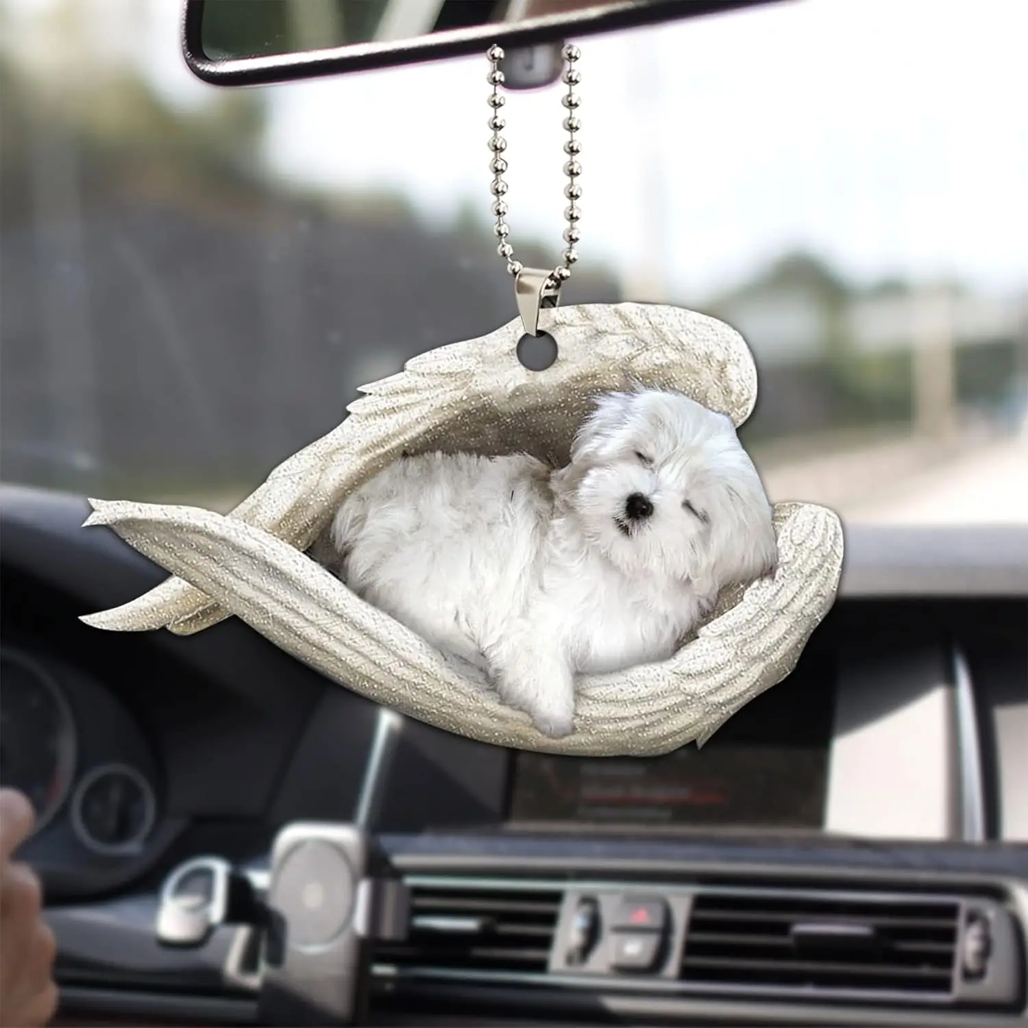 2D Sleeping White Puppy Pendant Acrylic Angel Keychain Festive Car Rear View Mirror Christmas Tree Ornaments Pet Accessories