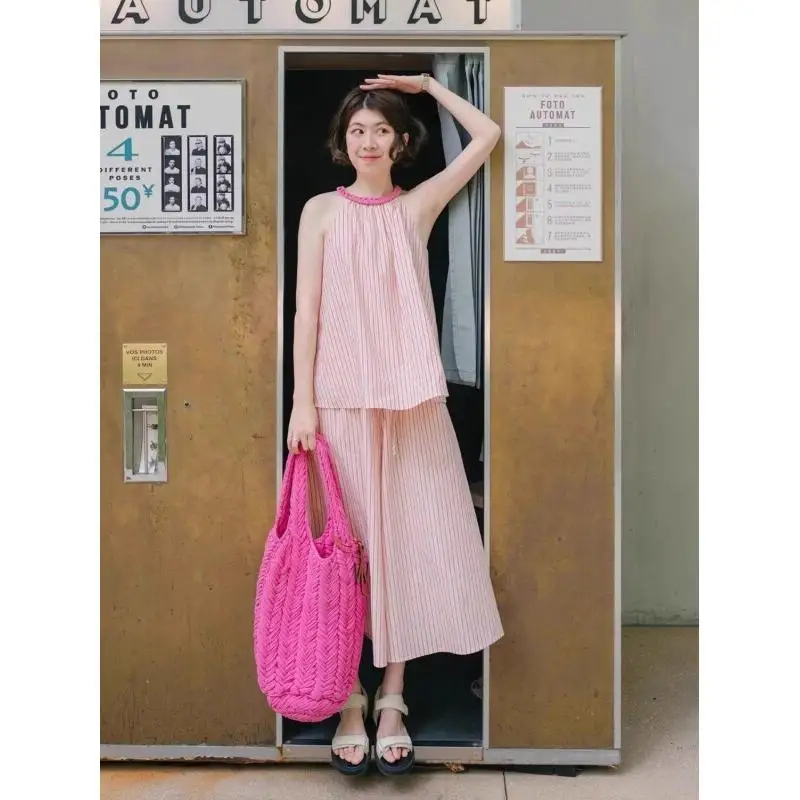 

Women's Suit Fashion 2 Piece Set Halter Top A Line Skirt Cotton Blend For Women Summer Casual Pink Sweet Girly Stripe 2024 New
