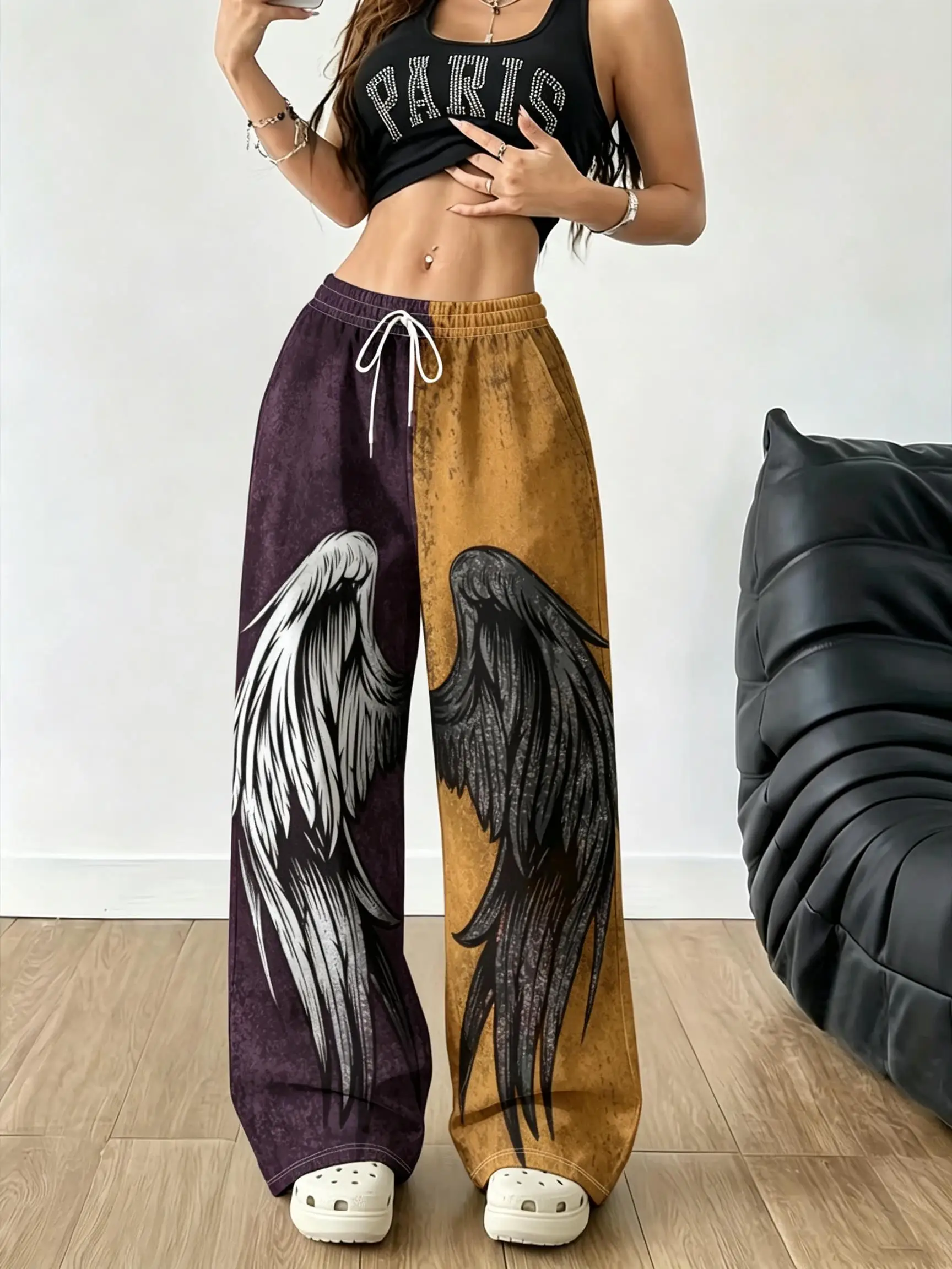 Women Two Tone Spliced Wide Leg Pants Angel Devil Wing Print Drawstring Elastic Waist Streetwear Trousers