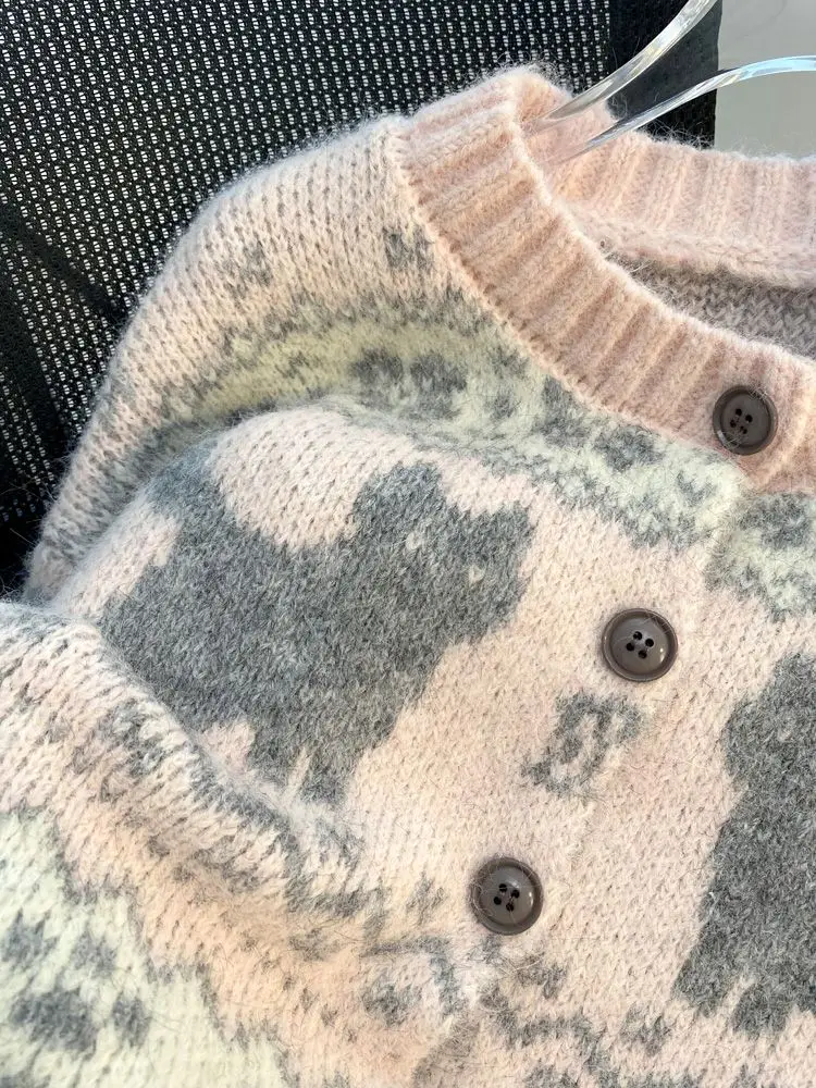 Korejpaa الكرتون القط الجاكار سترة مشغولة من الصوف الكورية موضة سترة سترة المرأة الخريف الشتاء معطف تريكو لطيف القمم